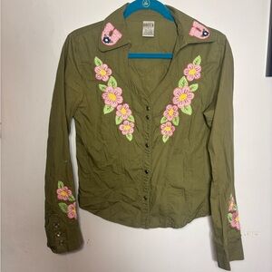 Vintage Lucca Green Floral Embroidered Button Down Shirt